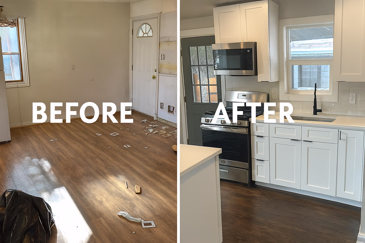 We buy houses Denver company kitchen showing before and after a remodel.